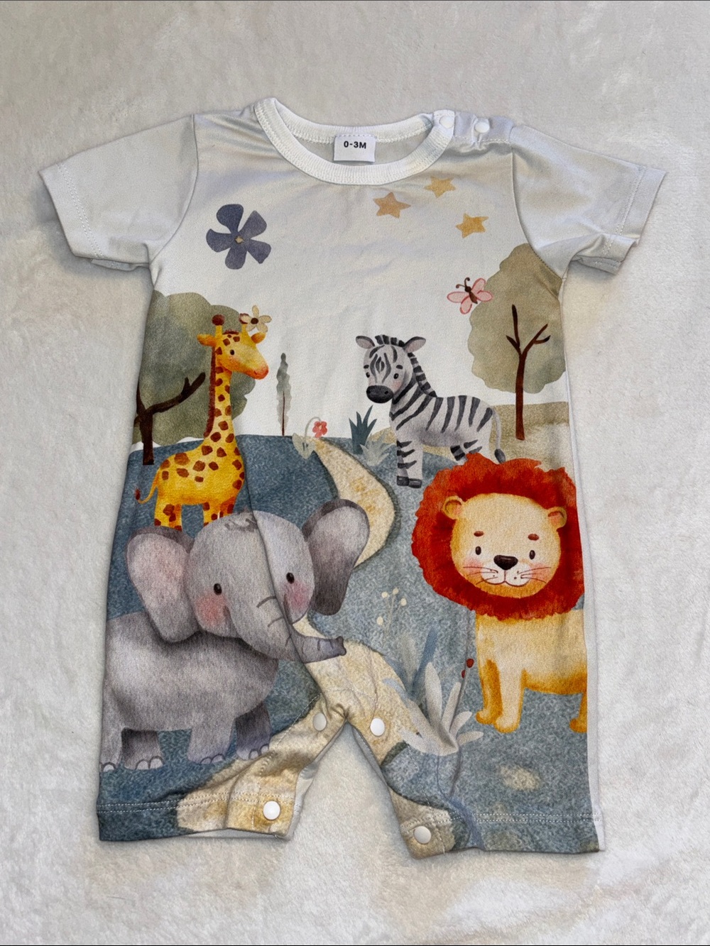 (3 for $10) White Jungle Animal Baby Pajamas with Lion, Elephant & Giraffe